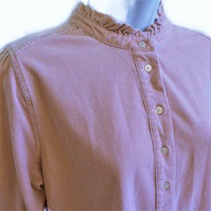 LOFT Vintage Inspired Corduroy Blouse Pink Ruffle Henley Button Country Modest M